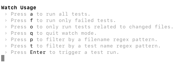 Screenshot of jest test runner options in watch mode