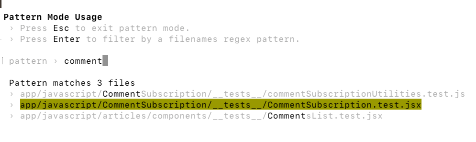 Screenshot of jest test runner options in watch mode for filtering test files based on filename