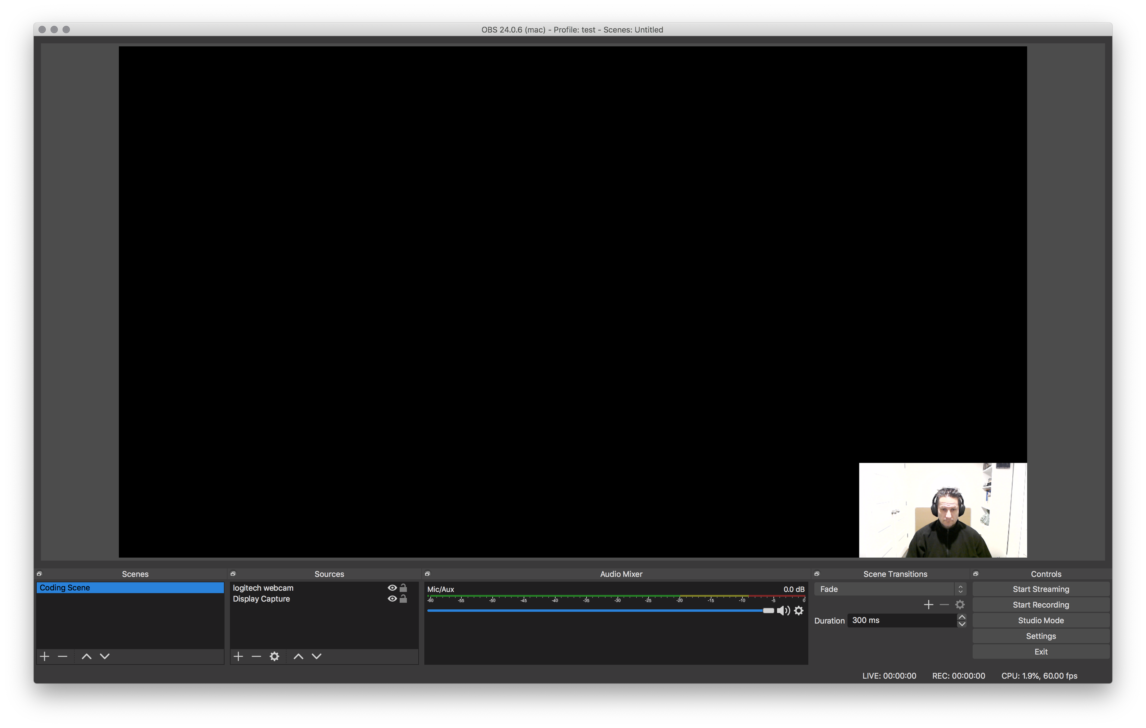 OBS display source showing a black screen