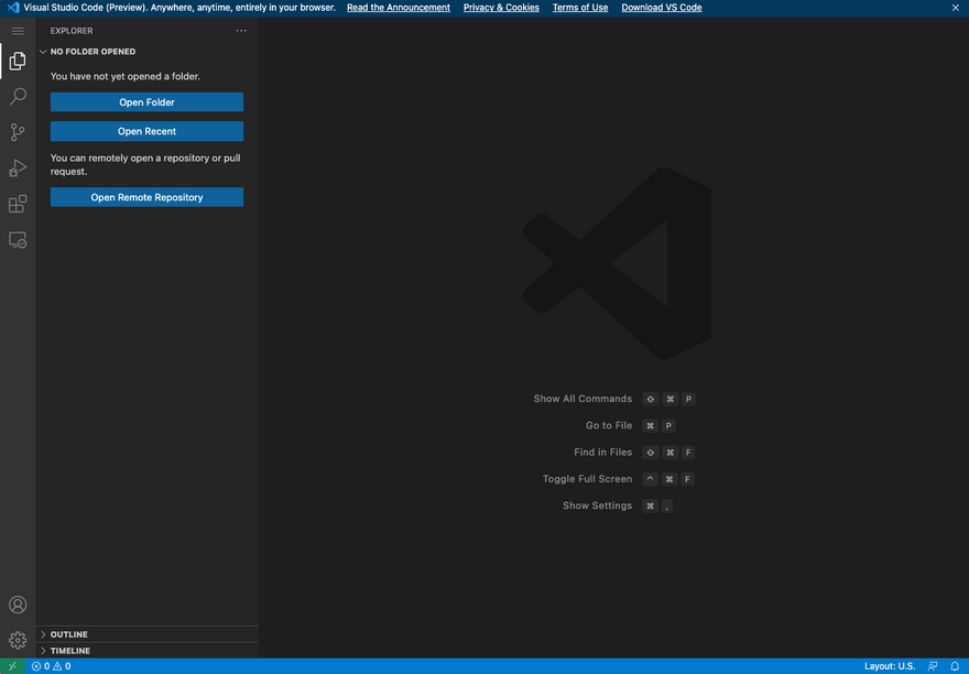 vscode.dev showing the welcome page