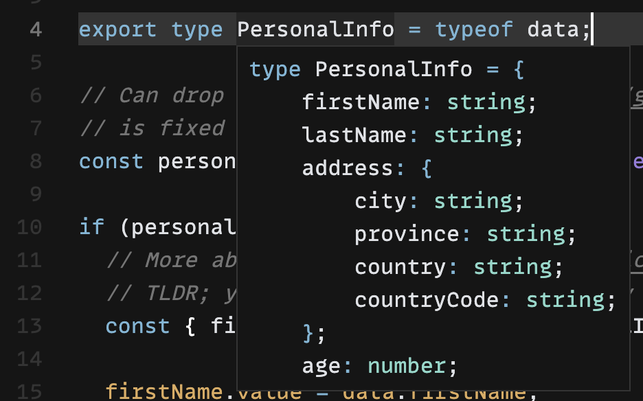 The type PersonalInfo displaying its shape in CodeSandbox