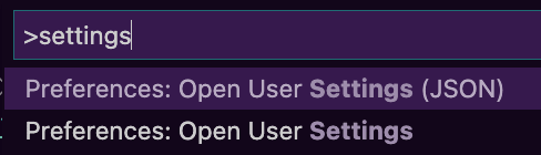 VS Code command palette open with the search term settings entered and Settings (JSON) is selected