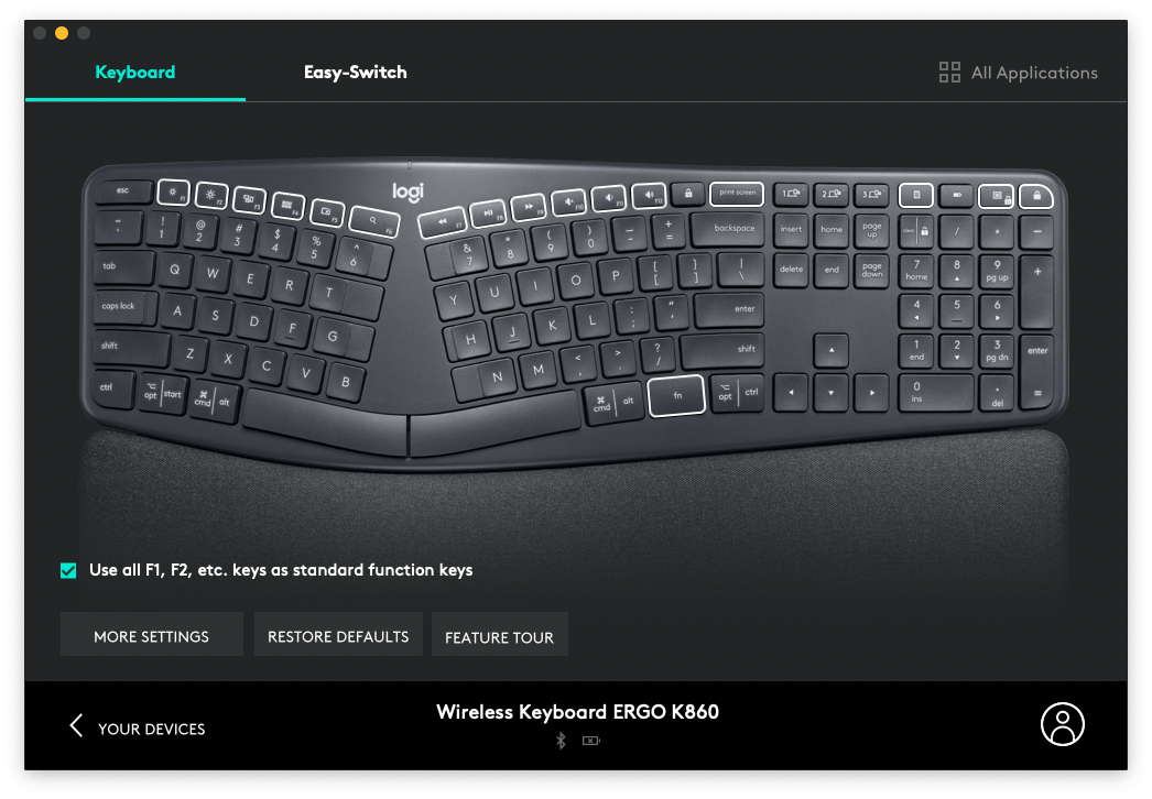 Logitech LogiOptions software for Logitech devices, currently displaying a picture of the ERGO K860 keyboard settings screen