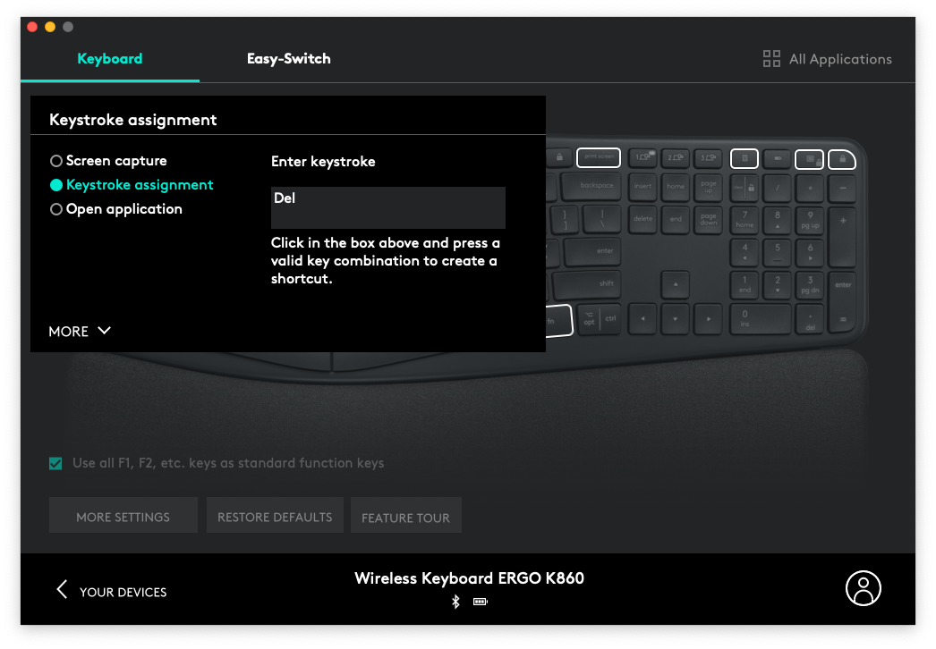 The keystroke assignment window to remap the Print Screen key