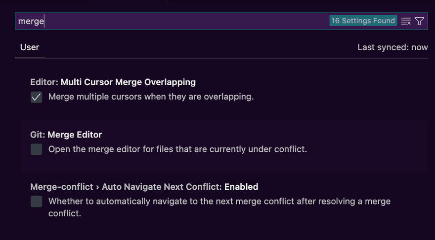 VS Code Settings (GUI) view with the word merge entered in the search to filter settings with the word merge in them